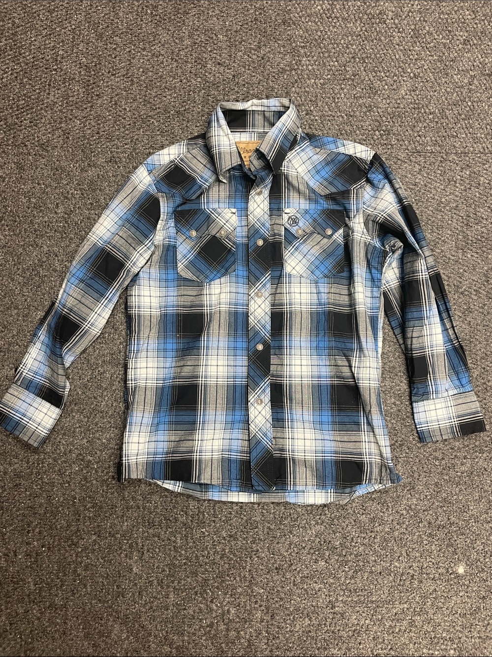 Wrangler Retro Boys Plaid Pearl Snap button down shirt Medium blue rodeo